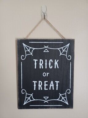 Trick Or Treat Black And White Spider Webs Halloween Wall Hanging Sign Holiday